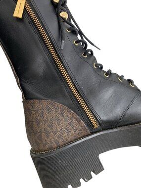 Michael Kors Black Leather Lace-Up Zip Combat Boots With Gold Hardware 6M